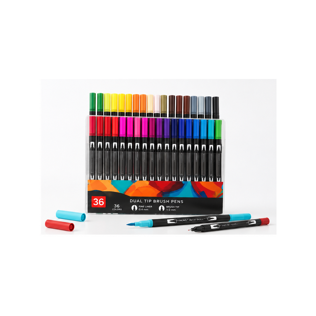 36-Colour Dual Tip Brush & Fineliner Marker Sets — Wholesale Box of 24