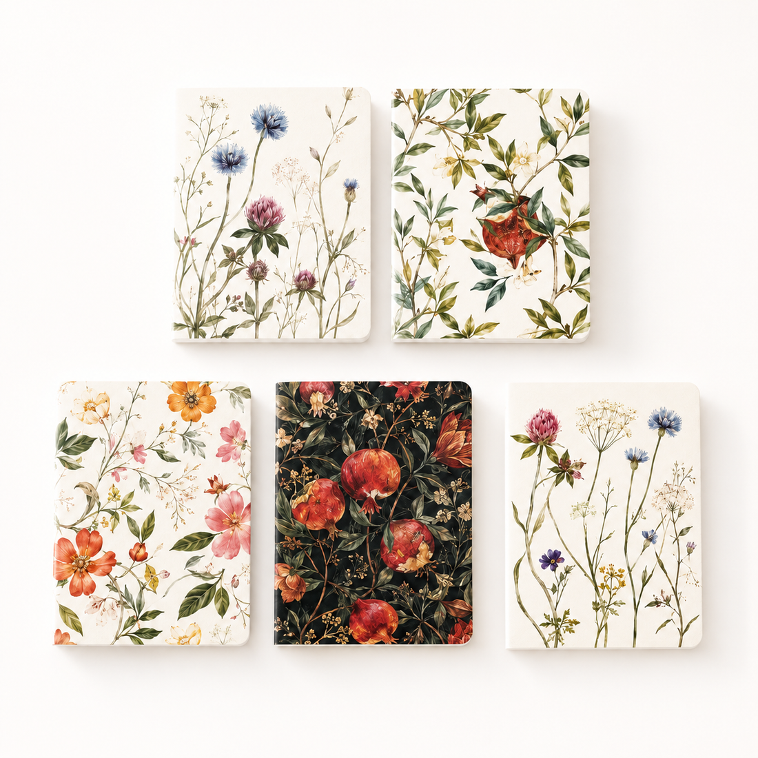 A5 Botanical Grid Notebook Set, 48 Sheets — Box of 5