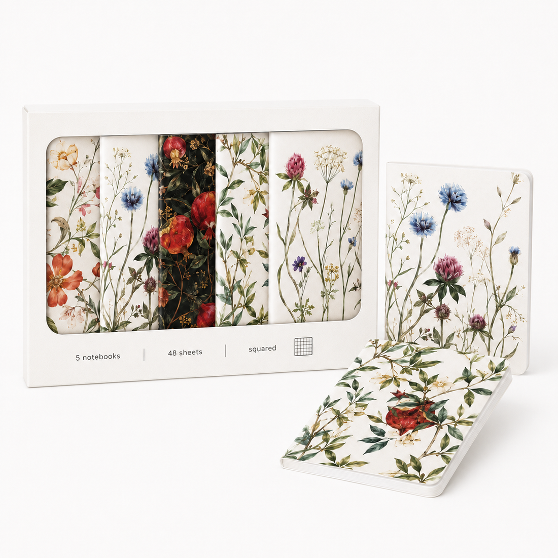 A5 Botanical Grid Notebook Set, 48 Sheets — Box of 5