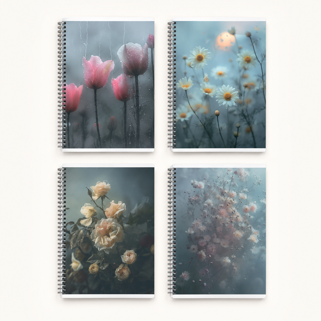 48-Sheet Floral Spiral Grid Notebook Set — Box of 4