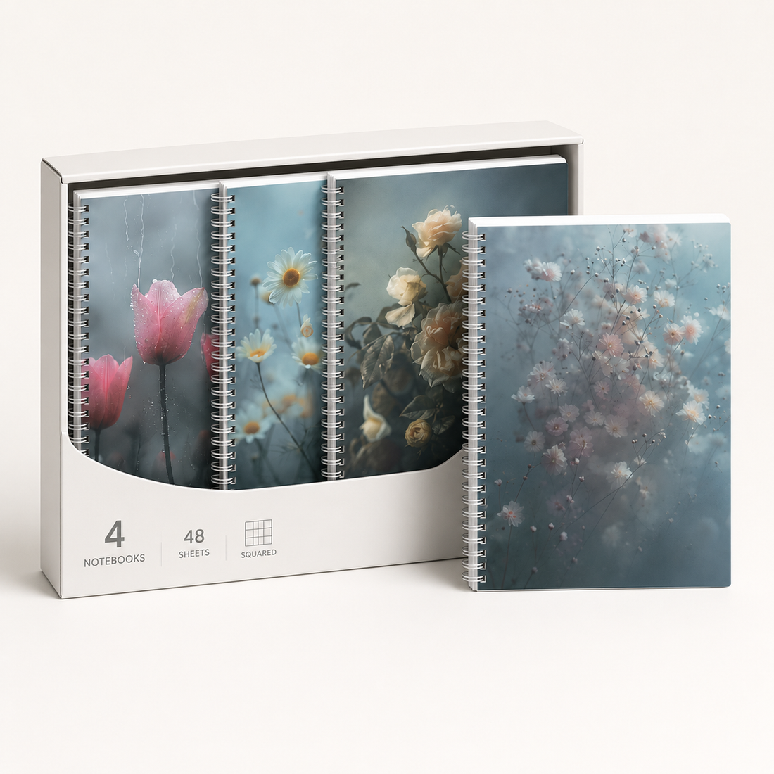 48-Sheet Floral Spiral Grid Notebook Set — Box of 4