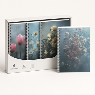 48-Sheet Floral Spiral Grid Notebook Set — Box of 4