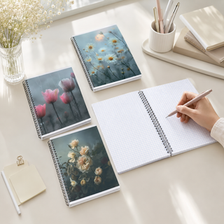 48-Sheet Floral Spiral Grid Notebook Set — Box of 4