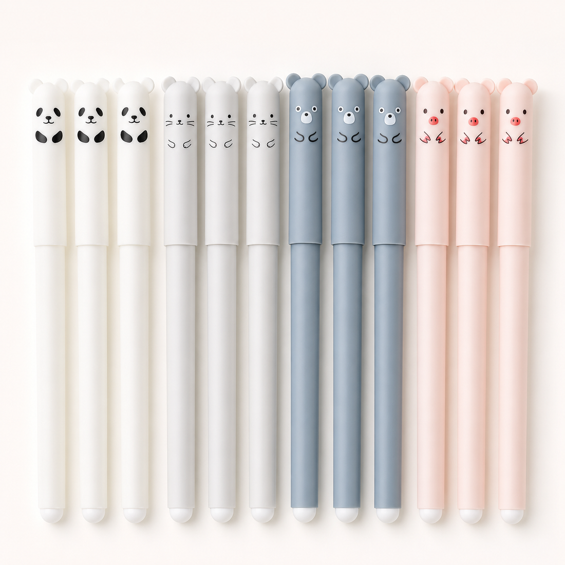 Animal Soft-Touch Erasable Gel Pen Set — 12 Blue Ink Pens
