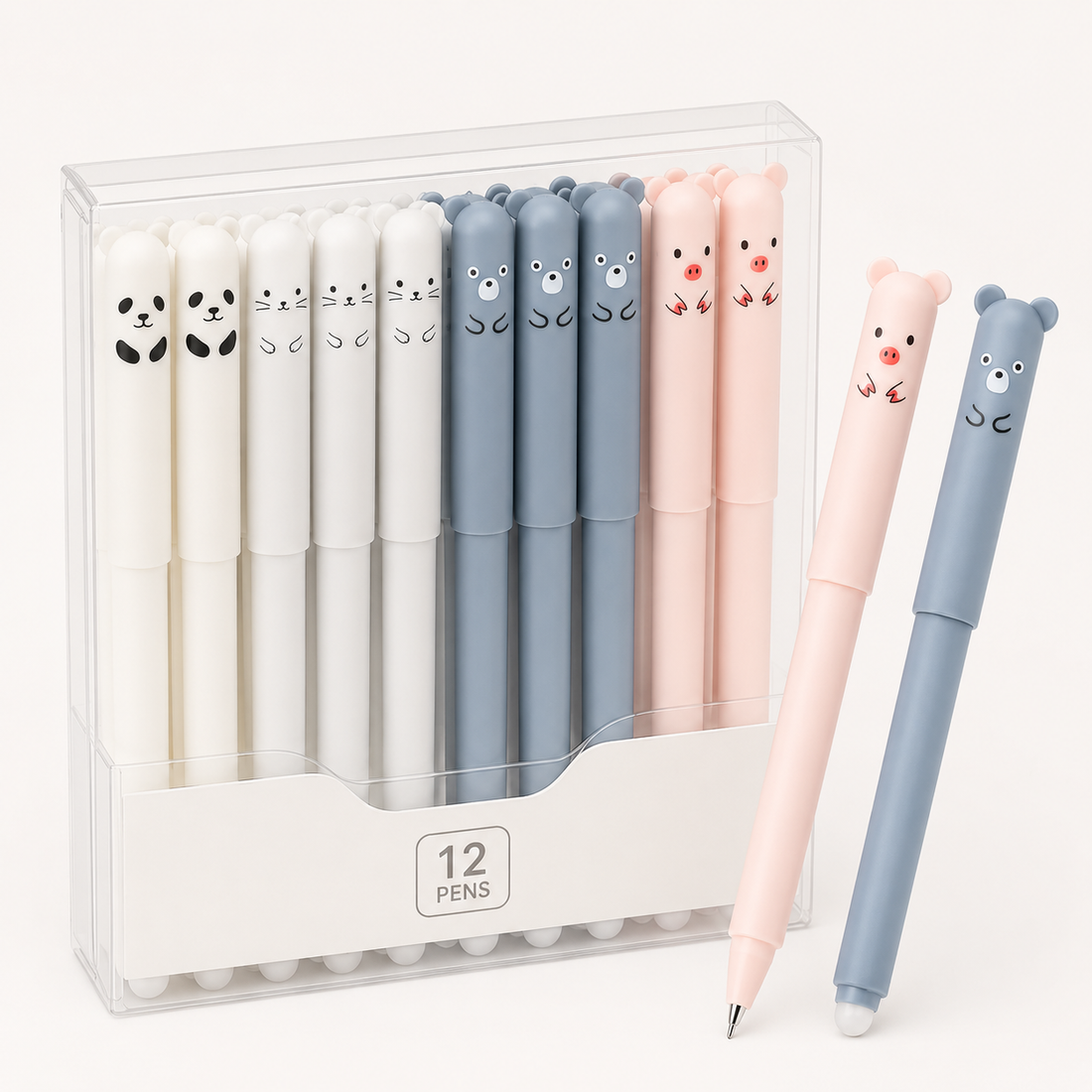 Animal Soft-Touch Erasable Gel Pen Set — 12 Blue Ink Pens