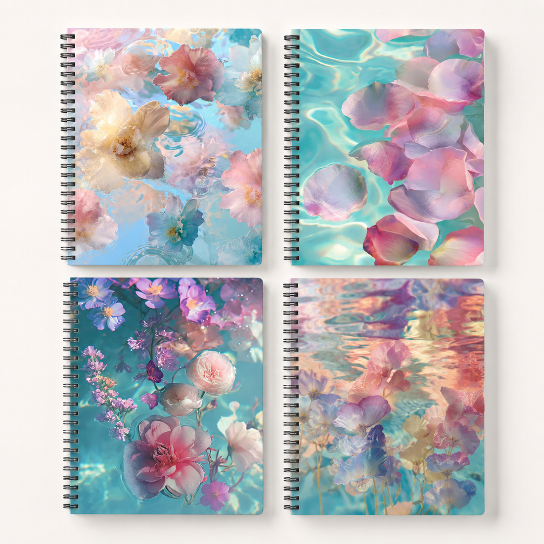 Watercolour Floral Spiral Grid Notebook Set — Pack of 4