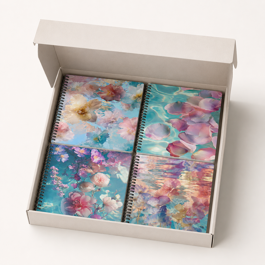 Watercolour Floral Spiral Grid Notebook Set — Pack of 4