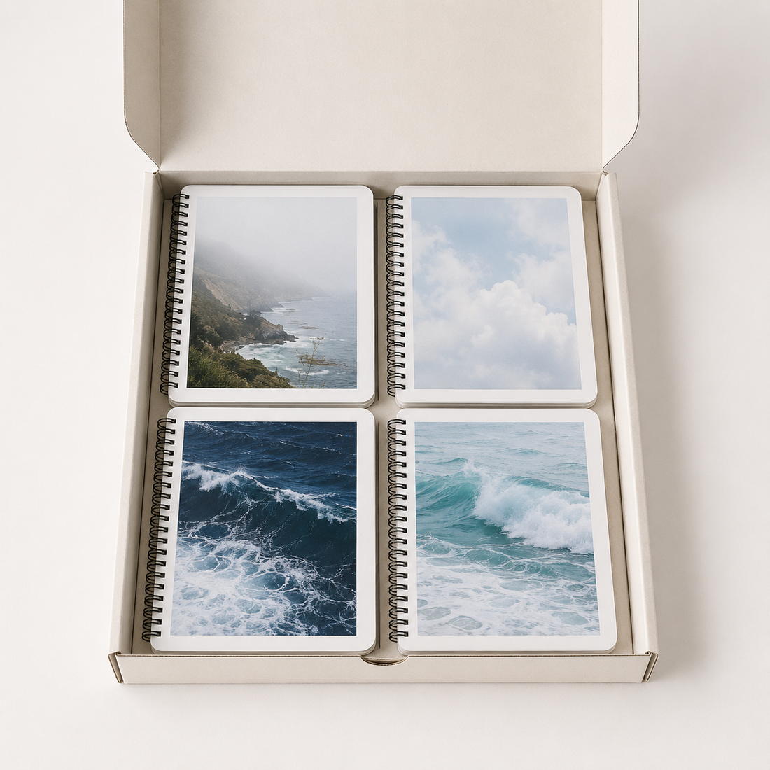 A5 Ocean & Cloud Spiral Grid Notebook Set — Pack of 4
