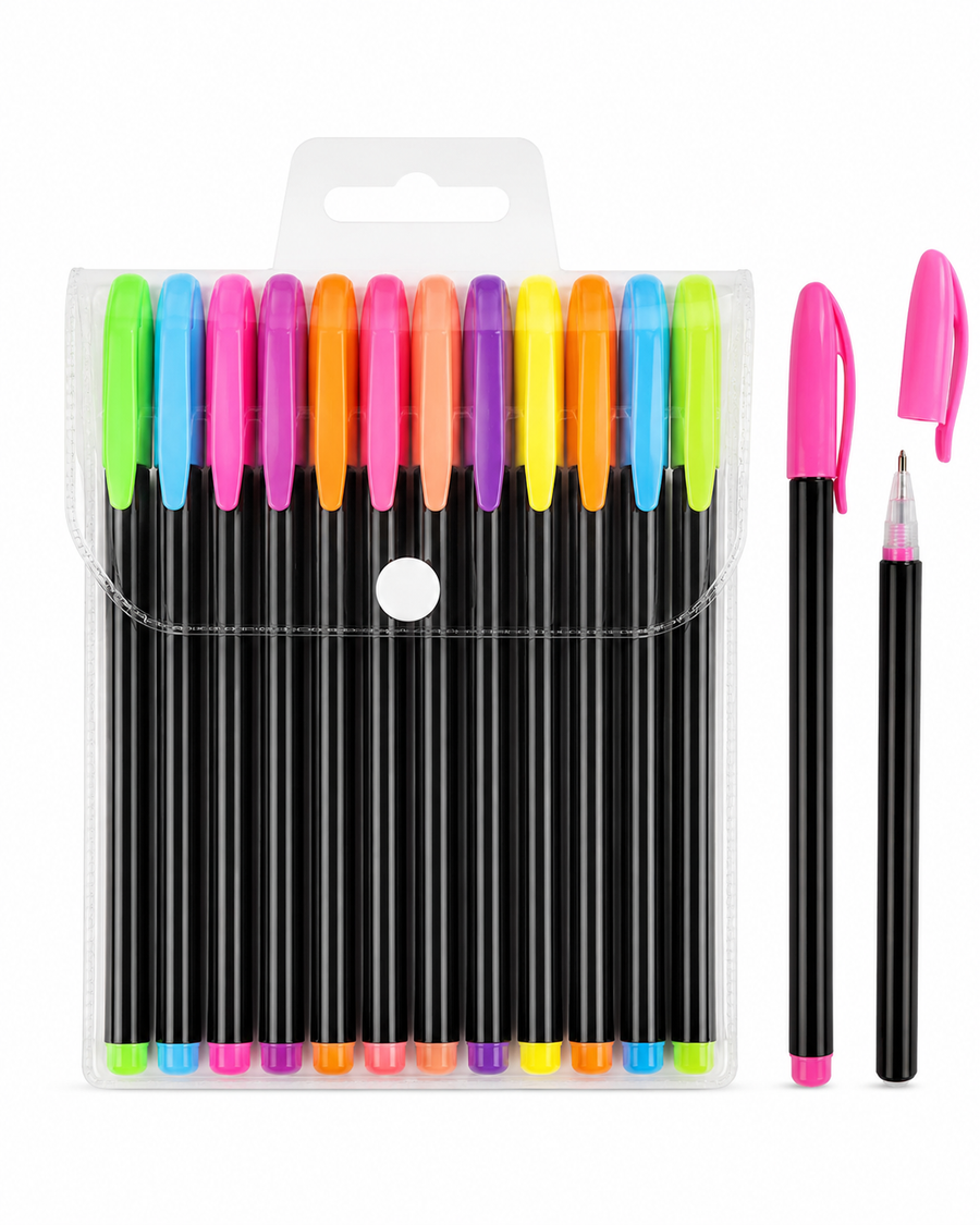 12-Colour Fluorescent Gel Pen Set — Pack of 12