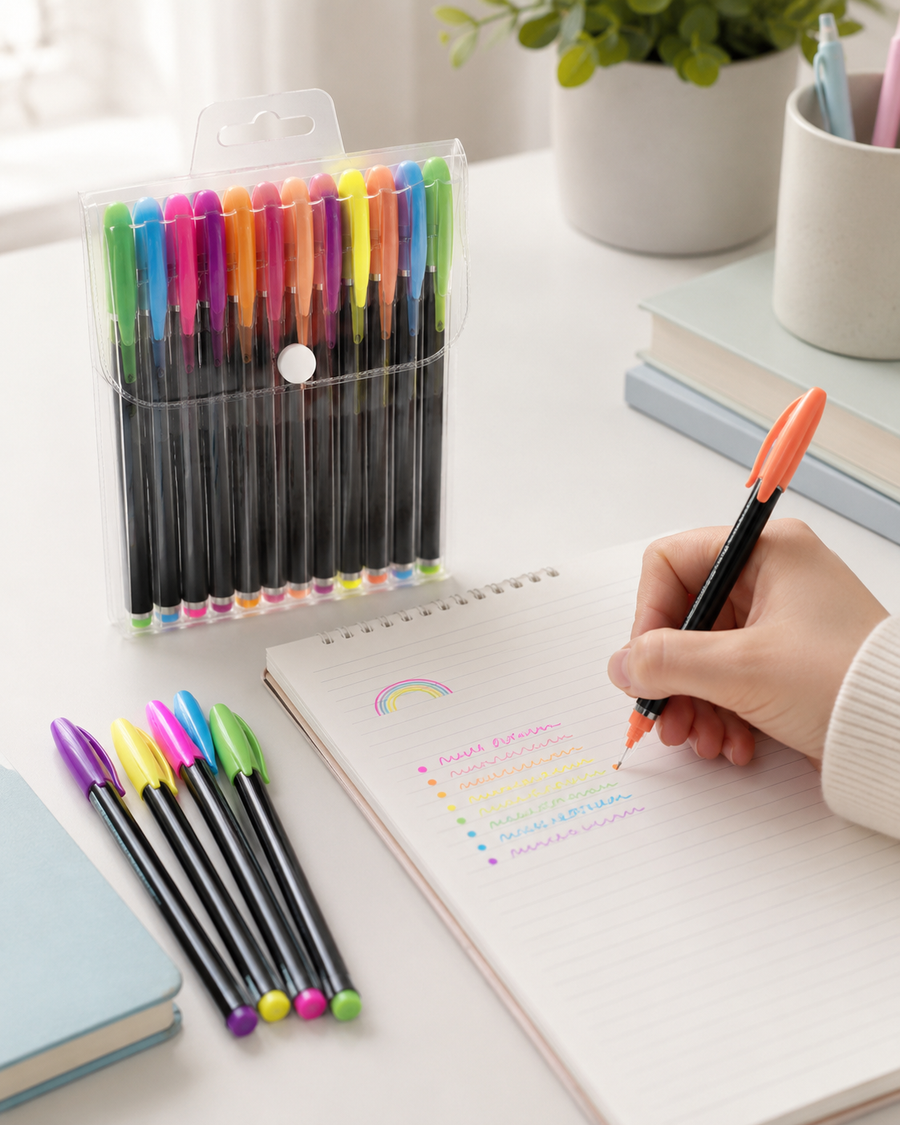 12-Colour Fluorescent Gel Pen Set — Pack of 12