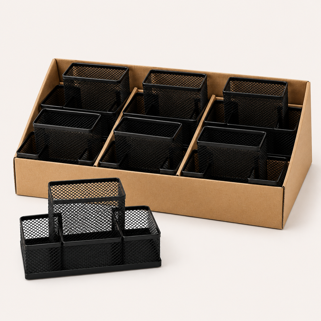 4-Compartment Metal Mesh Desk Organisers — Pack of 6
