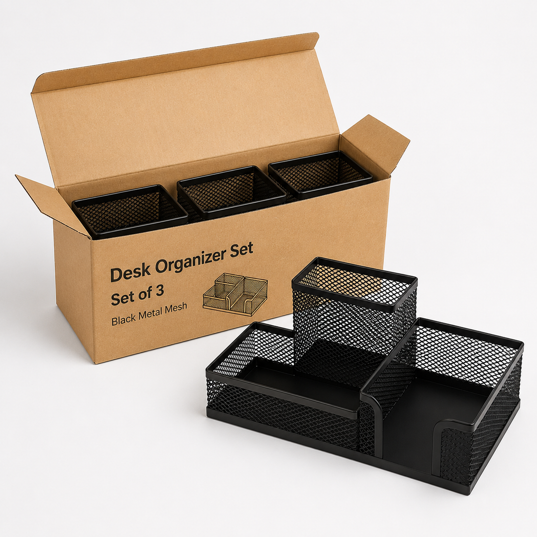 3-Compartment Metal Mesh Desk Organisers — Pack of 3